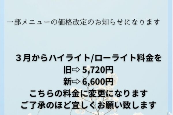 一部メニューの料金が変更致します